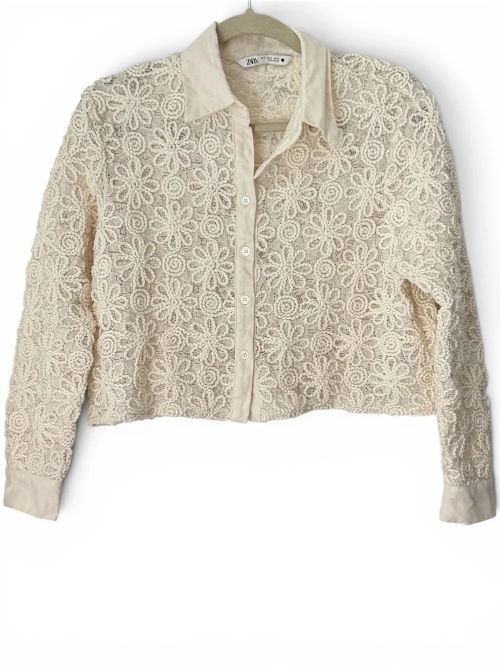 Zara Floral Lace Cropped Button Up Shirt Jacket Cream Size S Style 4786/331